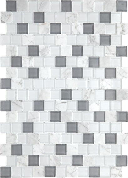 White Carrara & Glass Brick Joint 1 x 1 Tile