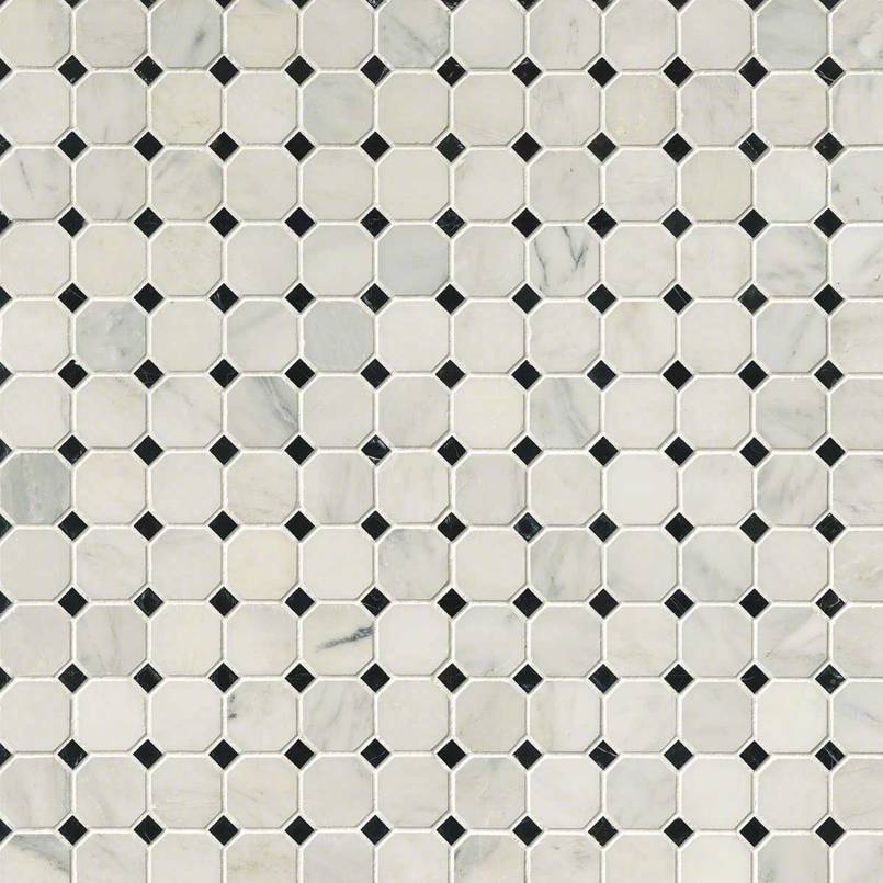 arabescato-cararra-2inch-octagon-with-black-and-white-58×58-honed-in-12×12-mesh (1)