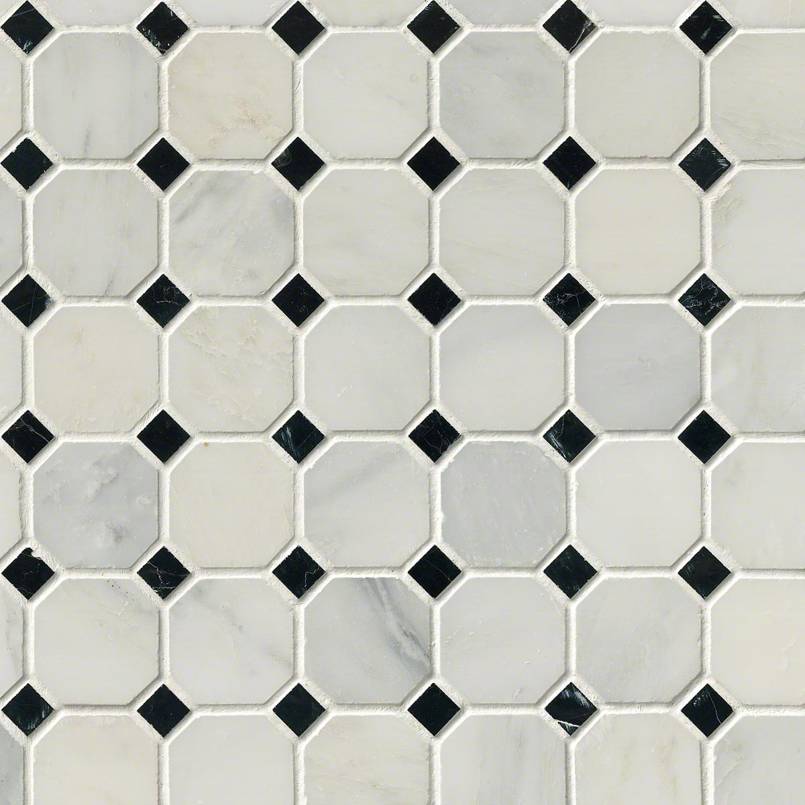 arabescato-cararra-2inch-octagon-with-black-and-white-58×58-honed-in-12×12-mesh